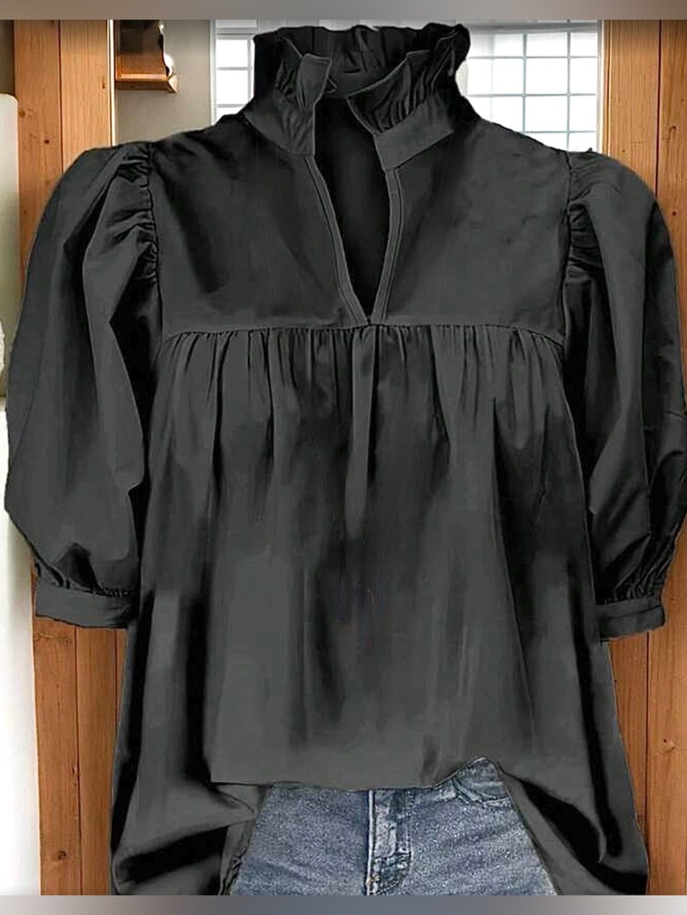 Black Ruffled High-Neck Puff Sleeve Top